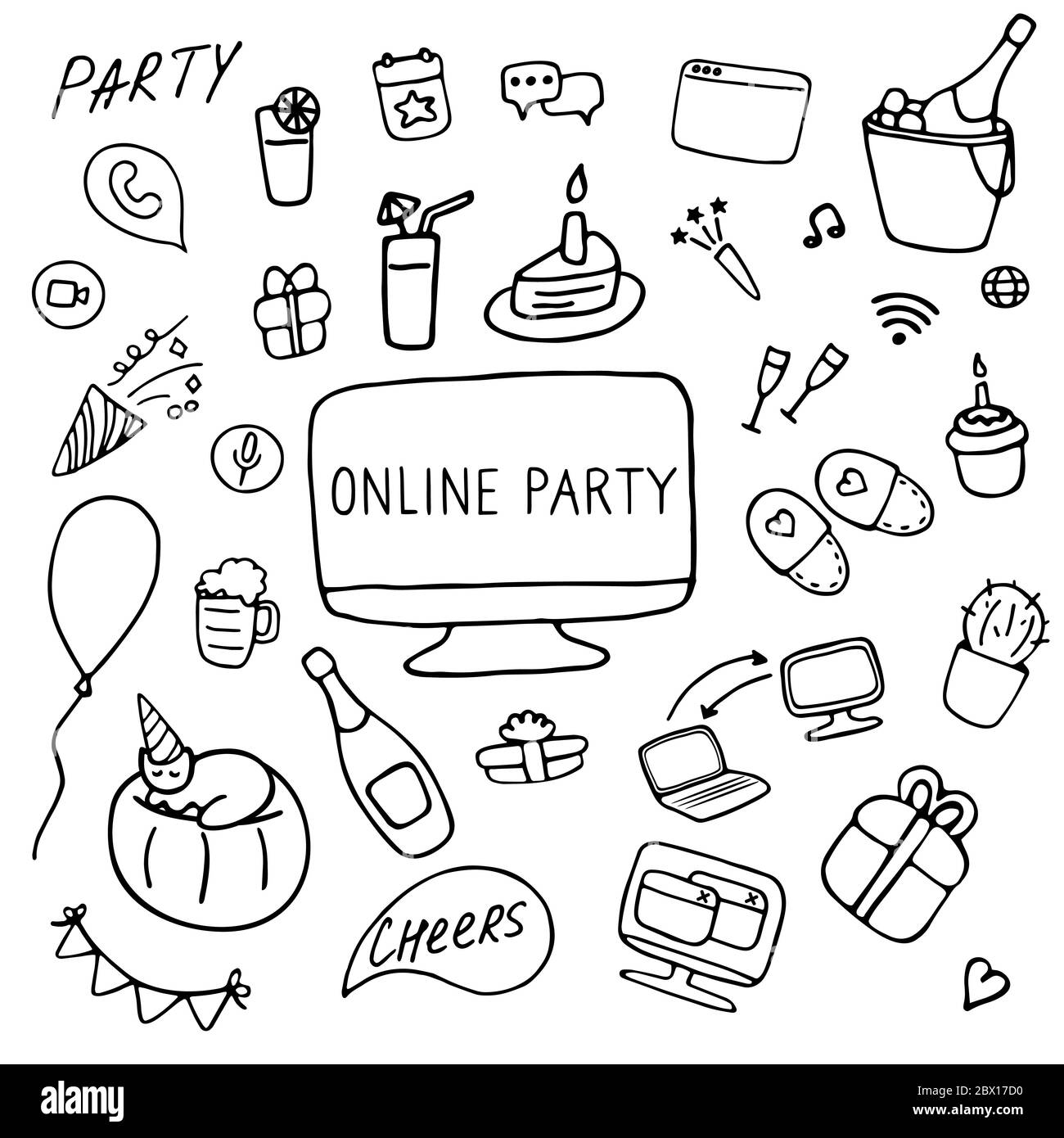 Set di icone per il party online. Festa online, festa di compleanno durante la quarantena. Icone Doodle. Illustrazione vettoriale disegnata a mano. Illustrazione Vettoriale