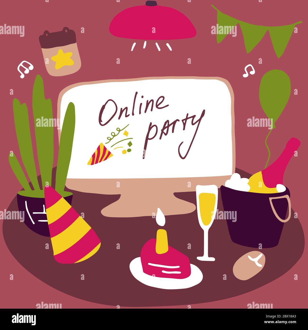 Festeggiando a casa. Festa online. Attributi della celebrazione. Soggiorno a casa, concetto di progettazione quarantena. Illustrazione vettoriale piatta disegnata a mano. Illustrazione Vettoriale