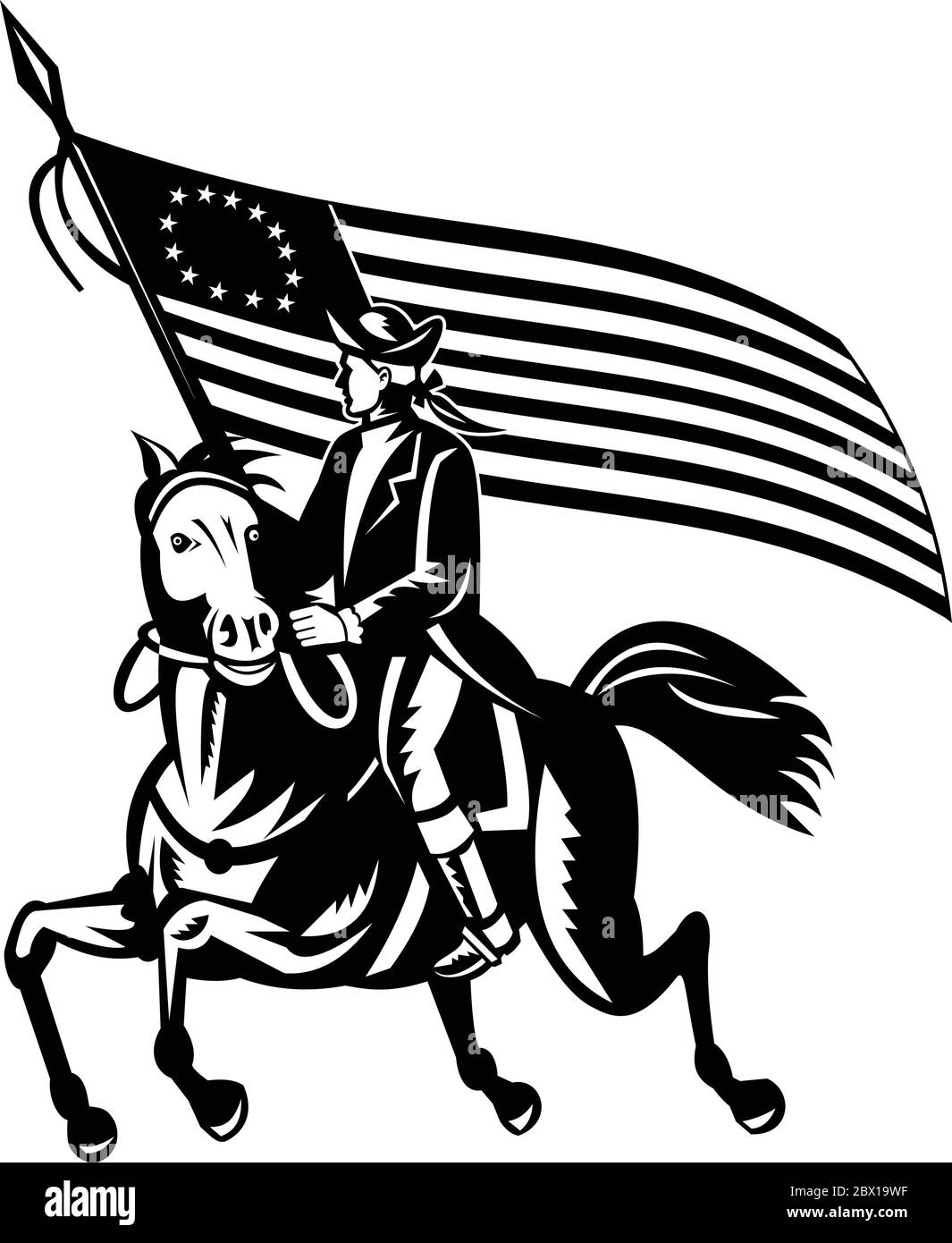 Illustrazione in bianco e nero di un patriota americano rivoluzionario generale soldato a cavallo con bandiera Betsy Ross guardando al fianco su Independenc Illustrazione Vettoriale