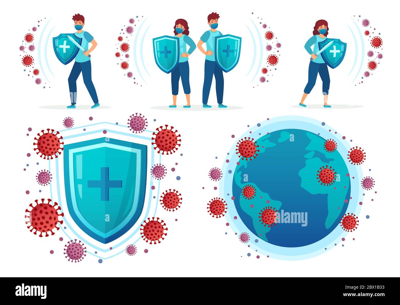 Proteggere dal virus corona. La gente combatte Covid-19, scudo sanitario contro virus e coronavirus intorno mondo globo illustrazione insieme vettoriale Illustrazione Vettoriale