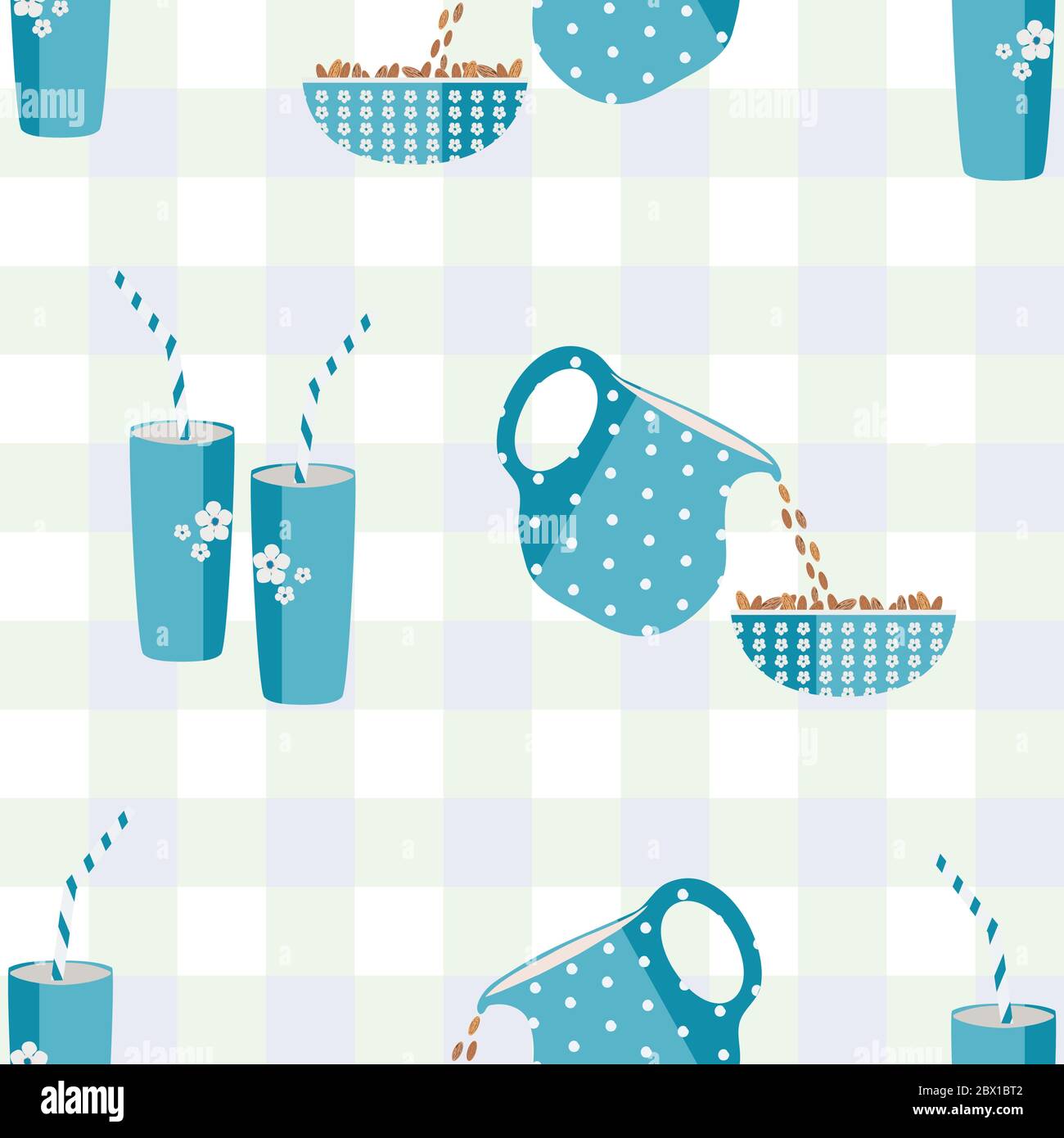 Vettore latte di mandorle sfondo senza cuciture modello. Bicchieri e brocche blu graziosi che versano noci sane in ciotole sullo sfondo di un gingham pastello. Tutto Illustrazione Vettoriale