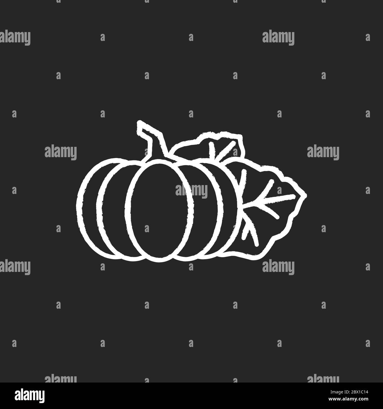Icona bianca di gesso di zucca su sfondo nero. Verdure fresche di stagione. Zucca nutriente dal mercato agricolo. Ottobre raccolto, ingrediente vegan insalata. ISOL Illustrazione Vettoriale