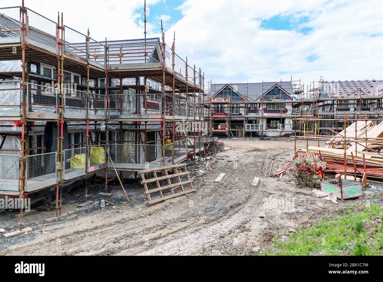 Stewart Milne cantiere, con case in costruzione, Troon, Ayrshire, Regno Unito Foto Stock