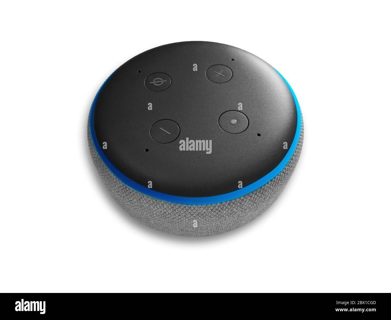 Echo Dot 3rd generazione con luci blu accese e logo del dispositivo  stampato su carta. Altoparlante intelligente con assistente Alexa. Foto  reale, non un montaggio Foto stock - Alamy