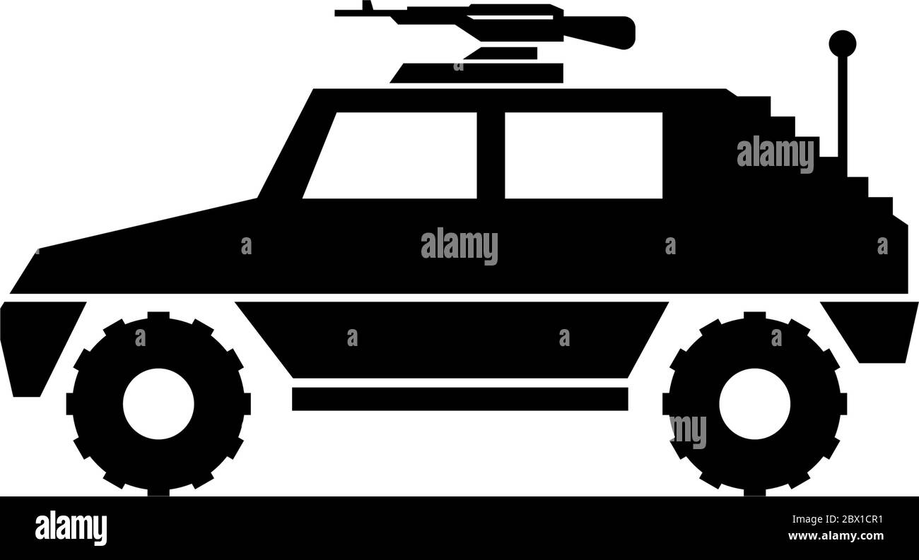 SUV per veicoli militari con pistola per macchine montata. Illustrazione dell'icona Flat Vector. Semplice simbolo nero su sfondo bianco. SUV per veicoli militari con pistola Illustrazione Vettoriale
