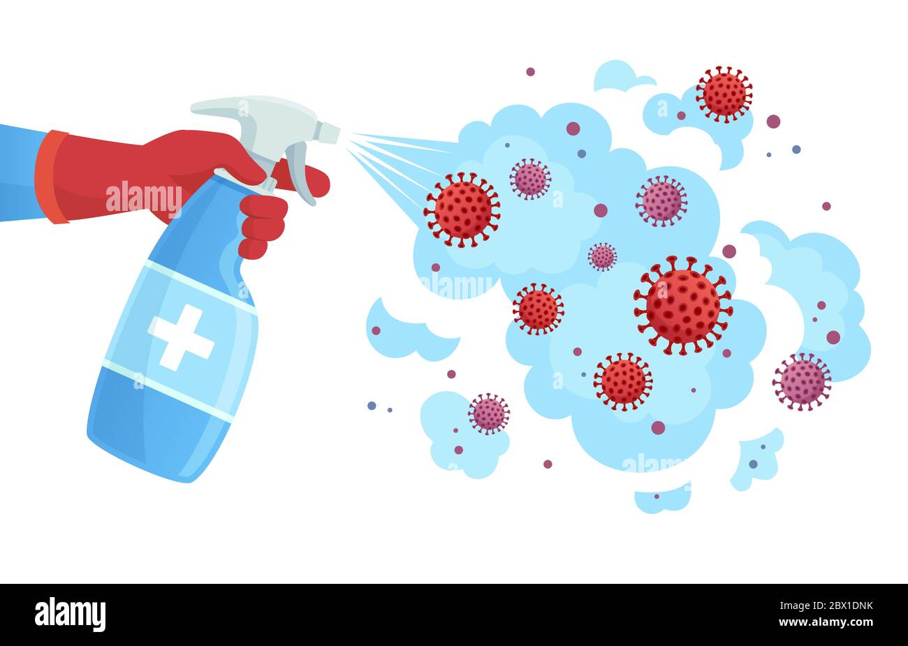 Disinfezione Covid 19. Disinfettante spray, disinfettante spray, uccide batteri e virus. Illustrazione vettoriale del concetto di protezione del coronavirus Illustrazione Vettoriale
