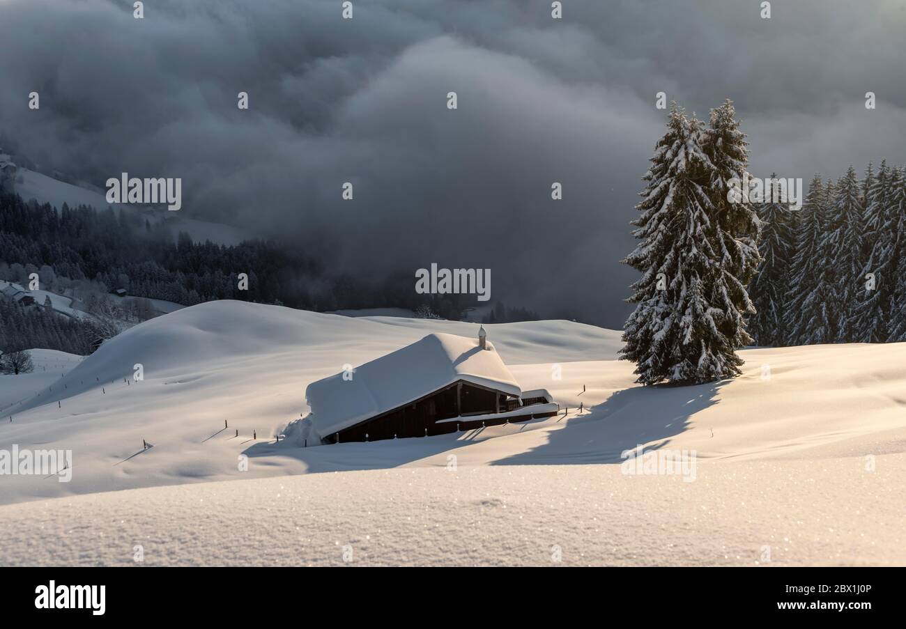 Capanna innevata al sole del mattino, Skiwelt Wilder Kaiser Brixenthal, Hochbrixen, Brixen im Thale, Tirolo, Austria Foto Stock