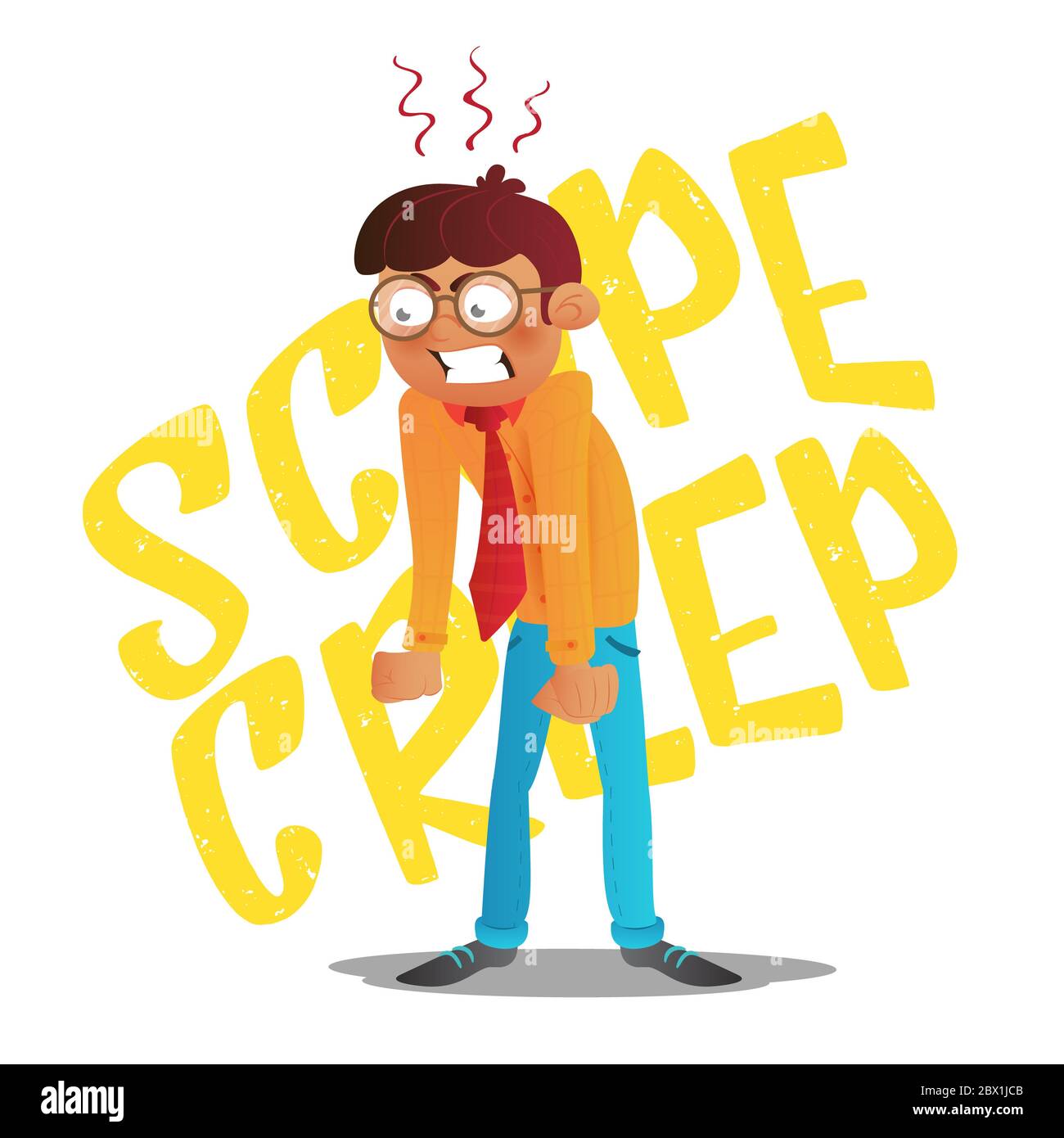 Iscrizione scope creep. Divertente illustrazione concettuale del cartone animato vettore di affari con gridare giovane arrabbiato con gli occhiali aggraffati i suoi pugni e goccia Foto Stock