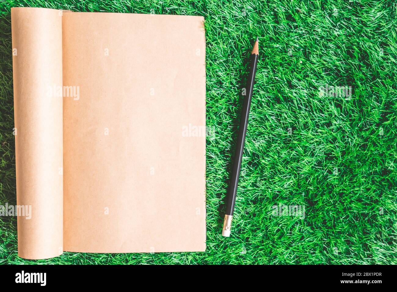 Notebook vuoto con matita su sfondo verde erba. Foto Stock