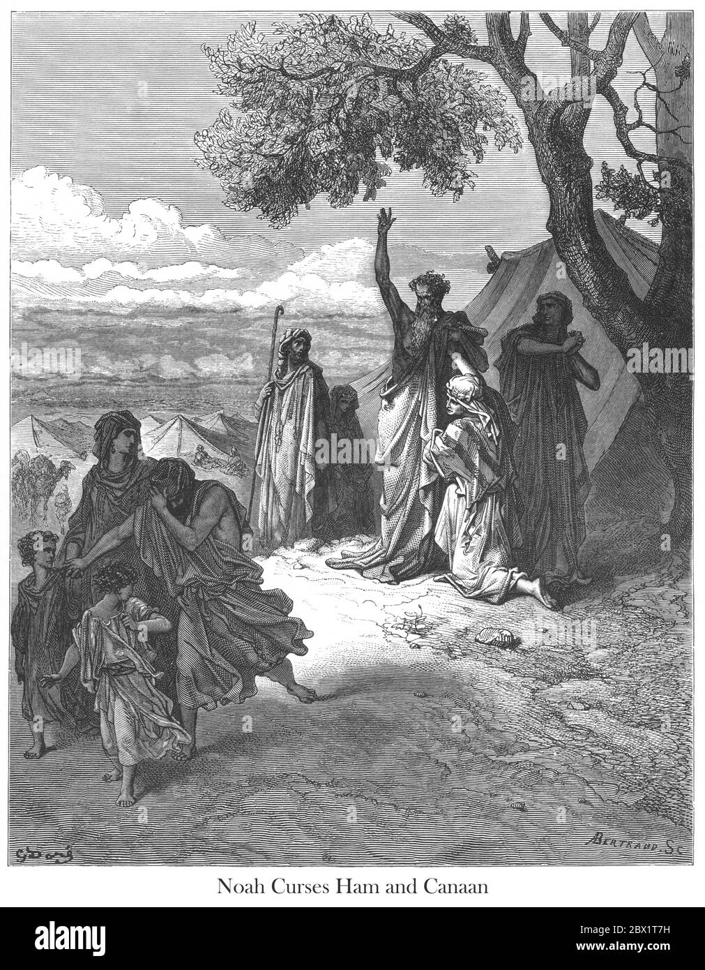Noah maledice Canaan o Noah Curses Ham e Canaan Genesi 9:24-25 dal libro 'la Galleria della Bibbia' illustrato da Gustave Dore con memorie di Doré e lettera-stampa descrittiva di Talbot W. Chambers D.D. Pubblicato da Cassell & Company Limited a Londra e contemporaneamente da Mame a Tours, Francia nel 1866 Foto Stock