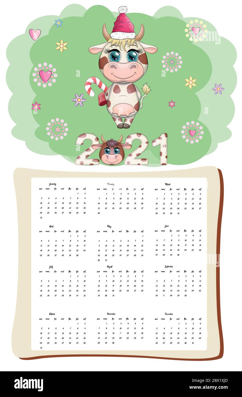 Calendario bianco bue o pianificatore per 2021 con kawaii cartoon toro, toro o mucca, personaggio di Capodanno, caratteri carini. La settimana inizia la domenica Illustrazione Vettoriale