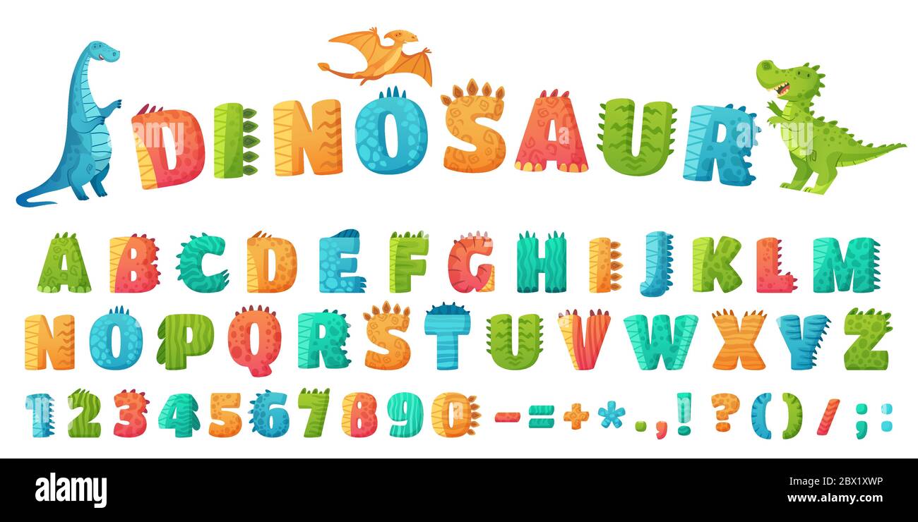 Font dino Cartoon. Lettere e numeri dell'alfabeto dei dinosauri, segni divertenti della lettera dei dinos per il vivaio o il kids dell'asilo insieme di illustrazione vettoriale Illustrazione Vettoriale