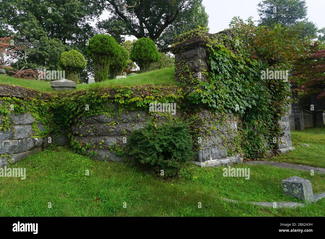 Sleepy Hollow, New York, USA: Una cripta di pietra ricoperta di edera nel Sleepy Hollow Cemetery. Foto Stock