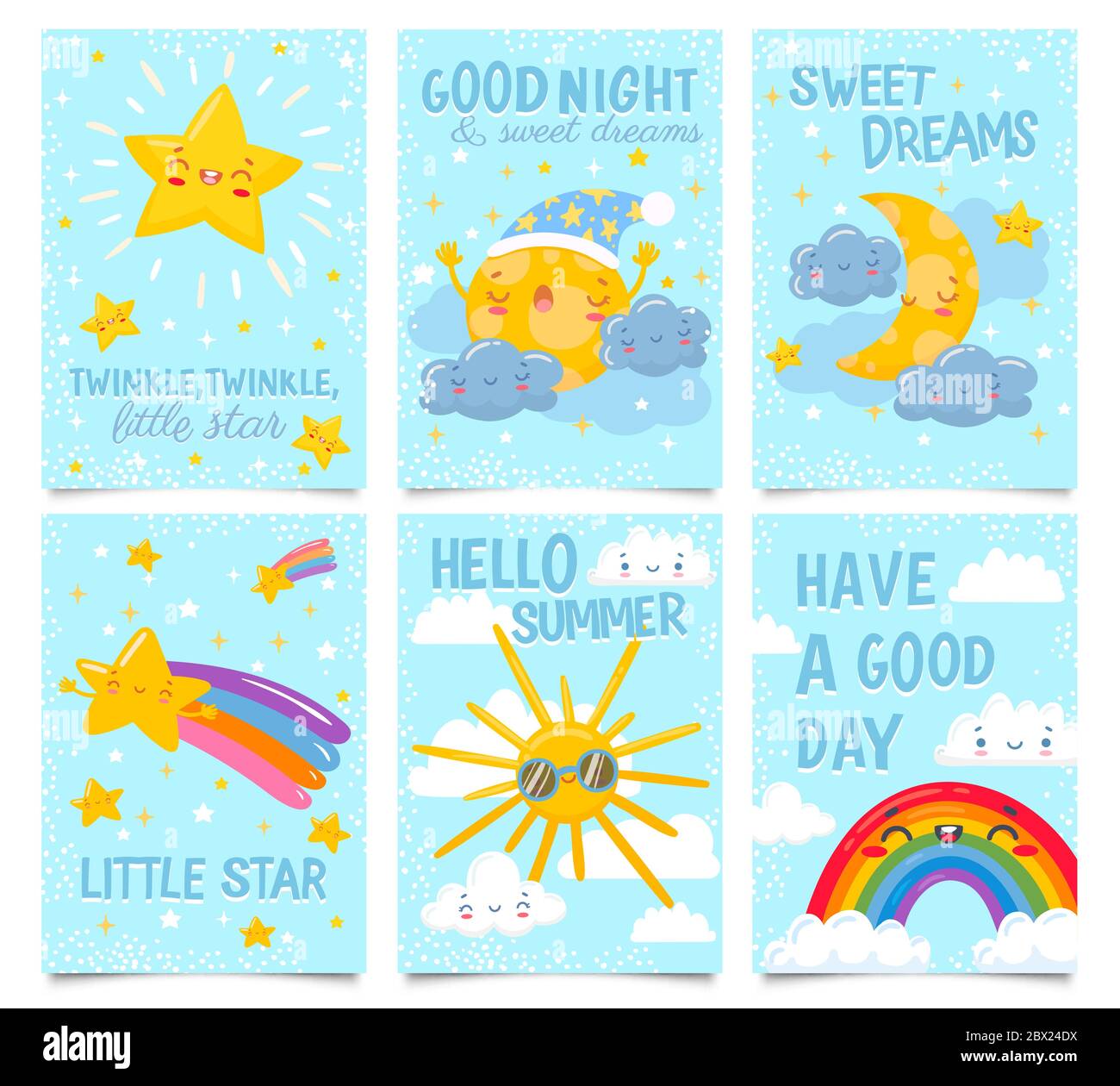 Poster Sky. Twinkle piccola stella, buona notte e Sweet Dreams card. Luna sonnolenta, nuvole e stelle, sole felice e cartoni animati arcobaleno illustrazione vettoriale Illustrazione Vettoriale