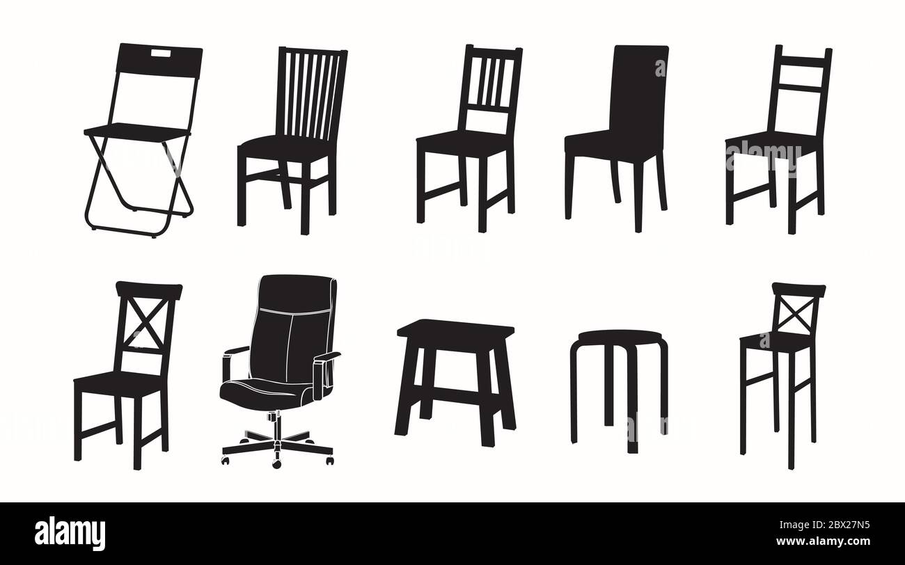Vector isolato insieme di diverse sedie in bianco e nero Illustrazione Vettoriale