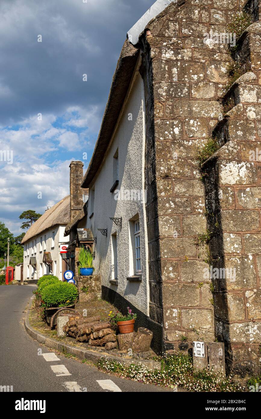 Whitewash cottage Dunsford, Inghilterra, Chiesa, Devon, High Angle View, campo agricolo, Agricoltura, Bracken, British Culture, Cloud - Sky, Cloudsca Foto Stock