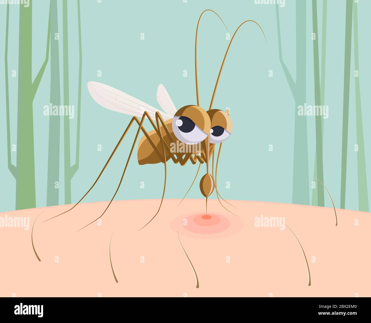 Zanzara succhia sangue. Insetto divertente di peste, segno rosso di morso di zanzara sulla pelle cartoon illustrazione vettoriale Illustrazione Vettoriale