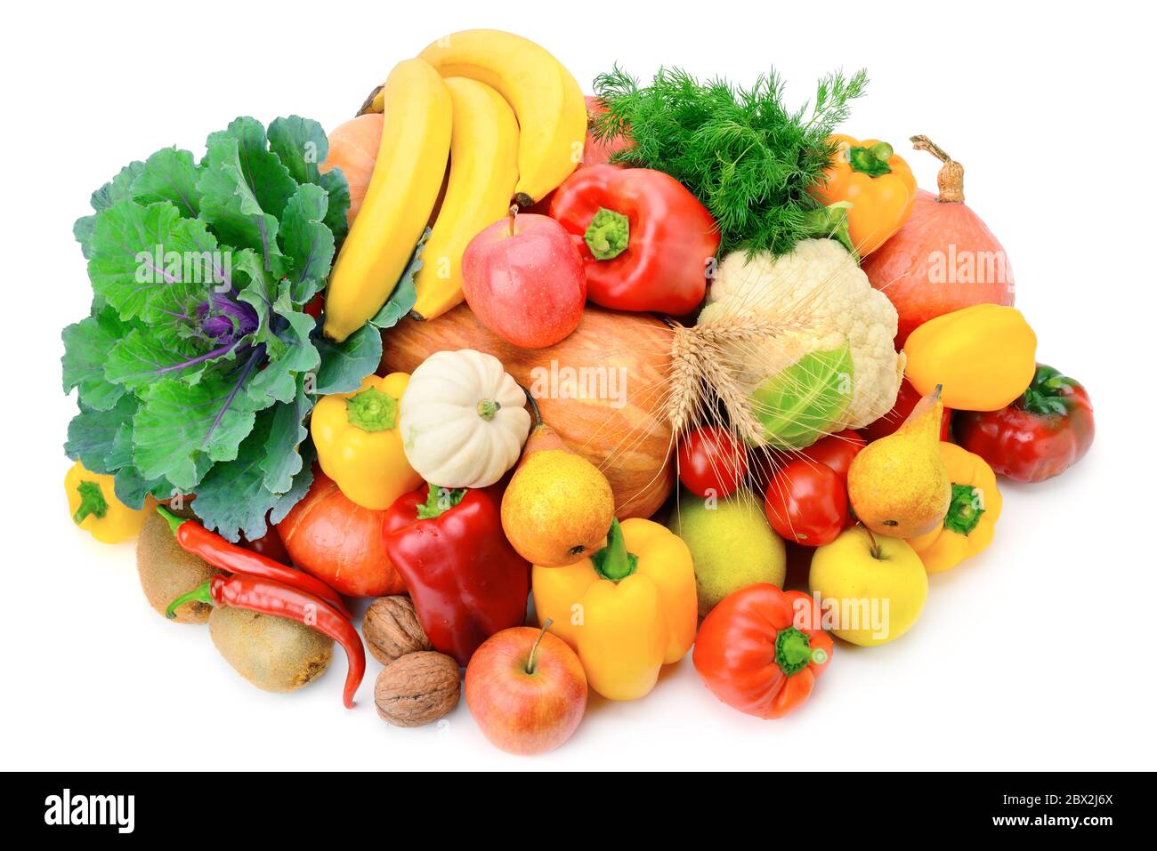 Frutta e verdura isolate su sfondo bianco. Foto Stock