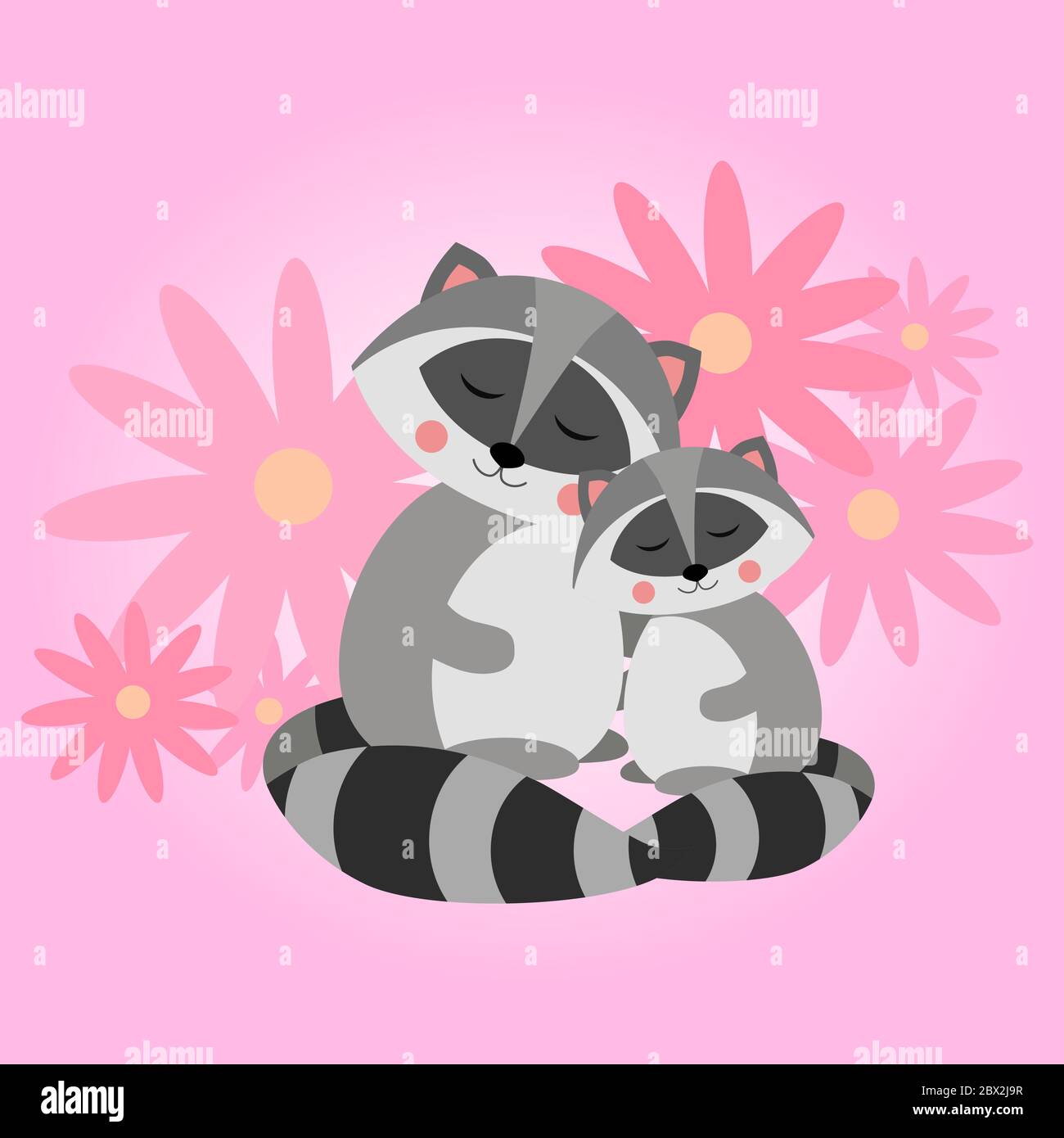 Simpatico raccoon. Madre e bambino. Procione nordamericano, mammifero nativo. Disegno animale di cartone animato. Illustrazione vettoriale piatta Illustrazione Vettoriale