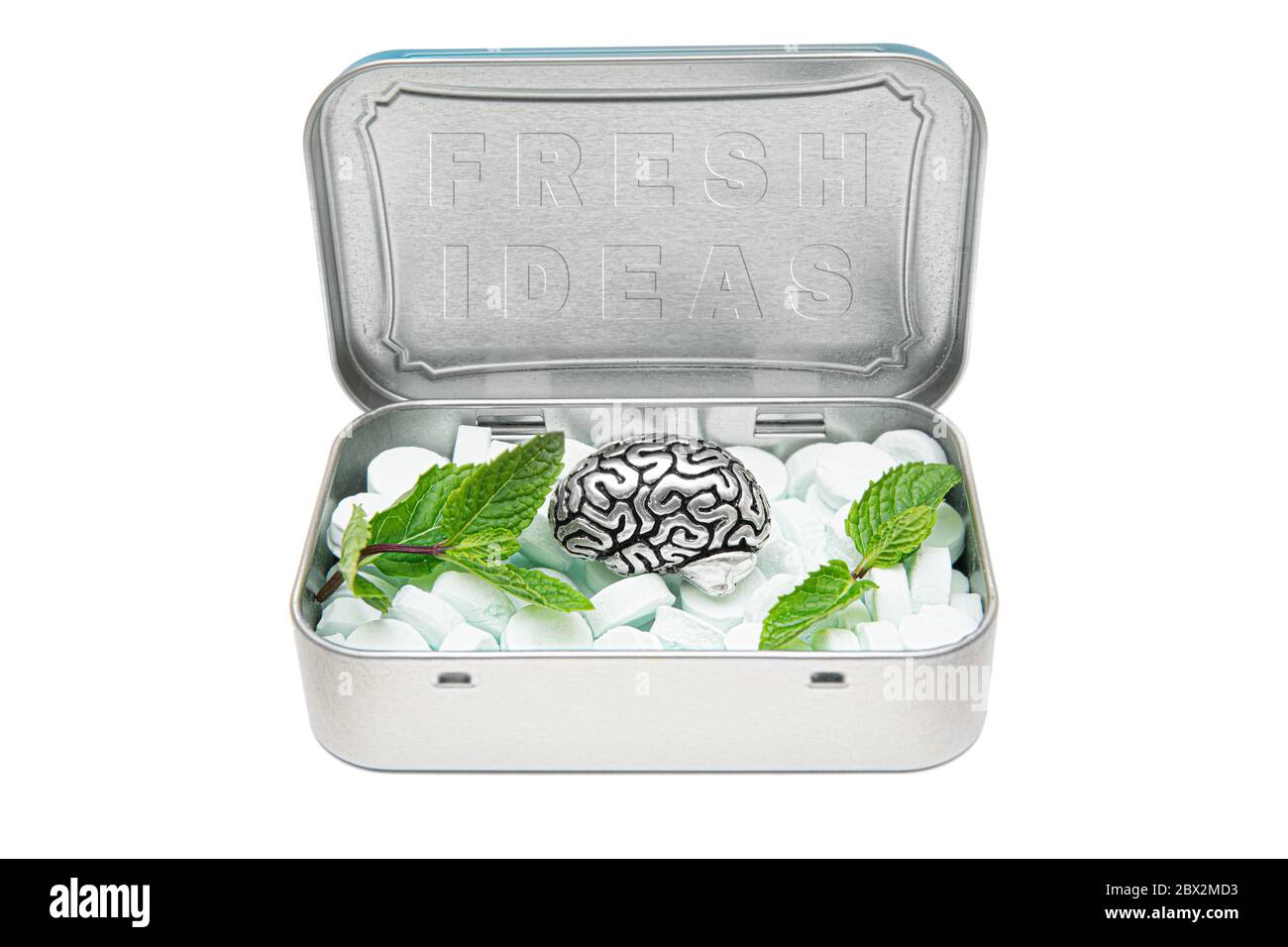 Scatola di stagno piena di conchioni di alito, una copia di acciaio del cervello umano e foglie di menta verde, che rappresenta un ricco serbatoio di idee fresche. Concetto creativo di kee Foto Stock