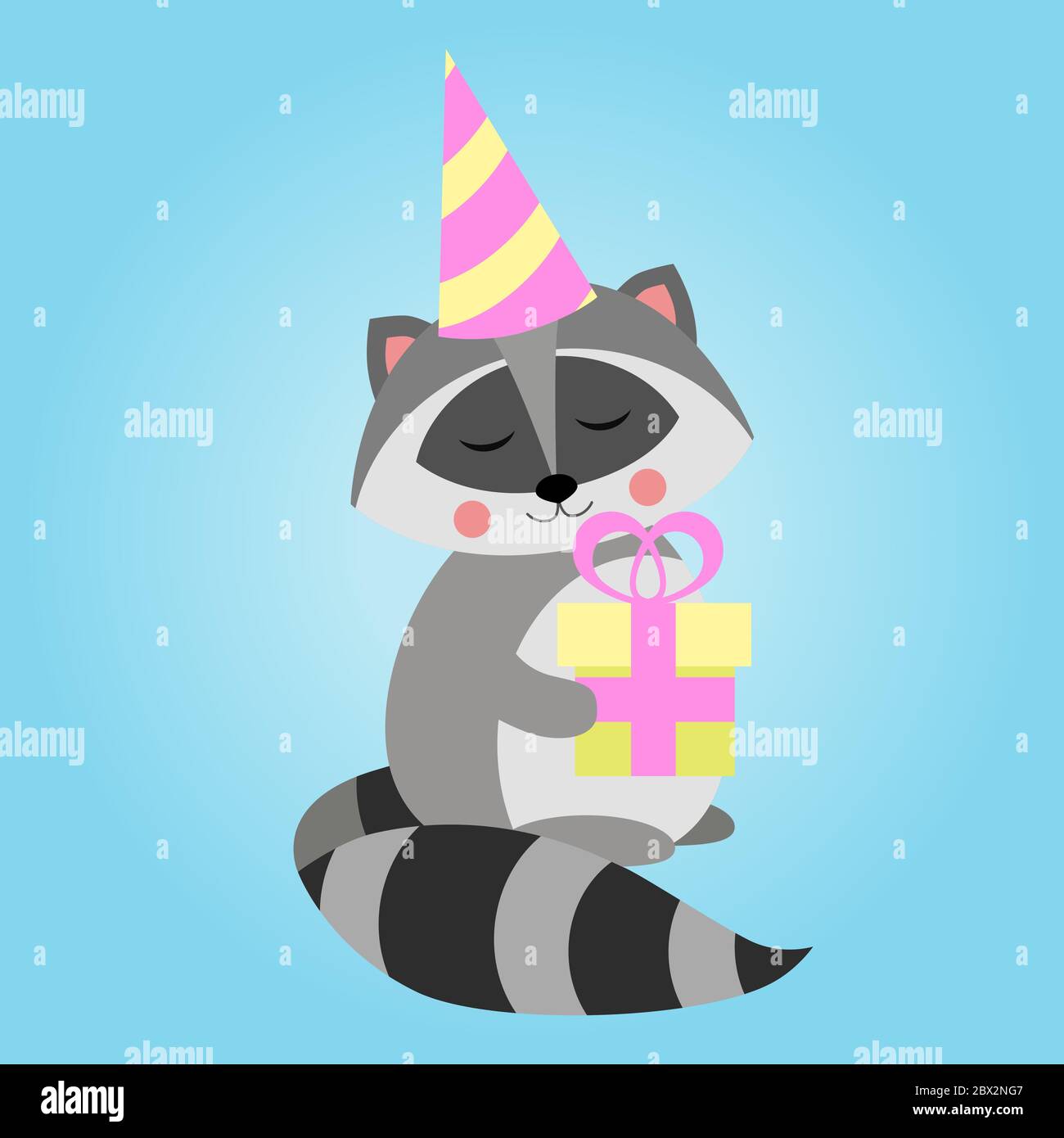 Carino raccoon compleanno. Procione nordamericano, mammifero nativo. Disegno animale di cartone animato. Immagine vettoriale piatta isolata su sfondo blu. Illustrazione Vettoriale