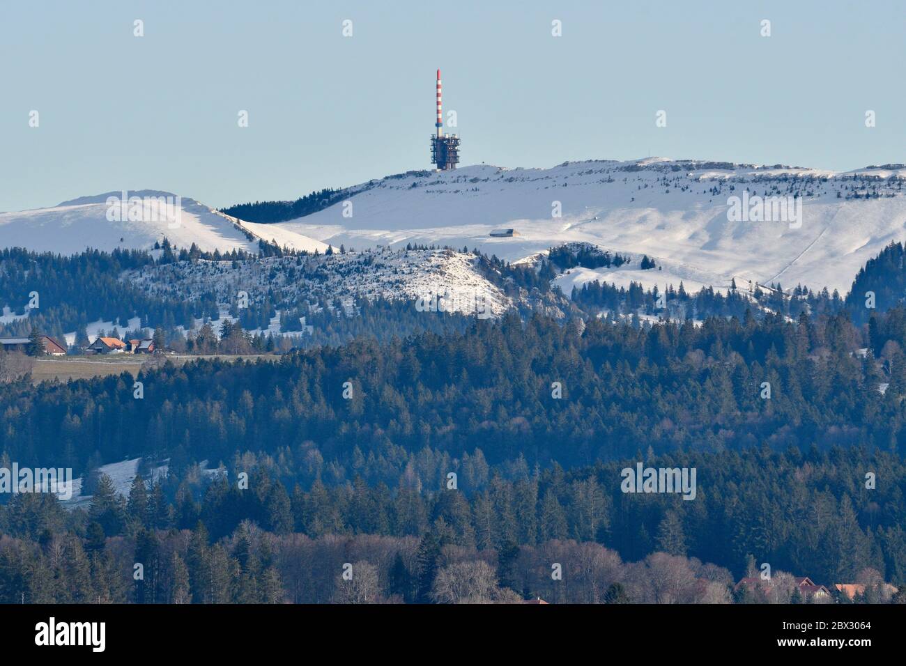 Svizzera, massiccio del Chasseral, antenna, neve Foto Stock