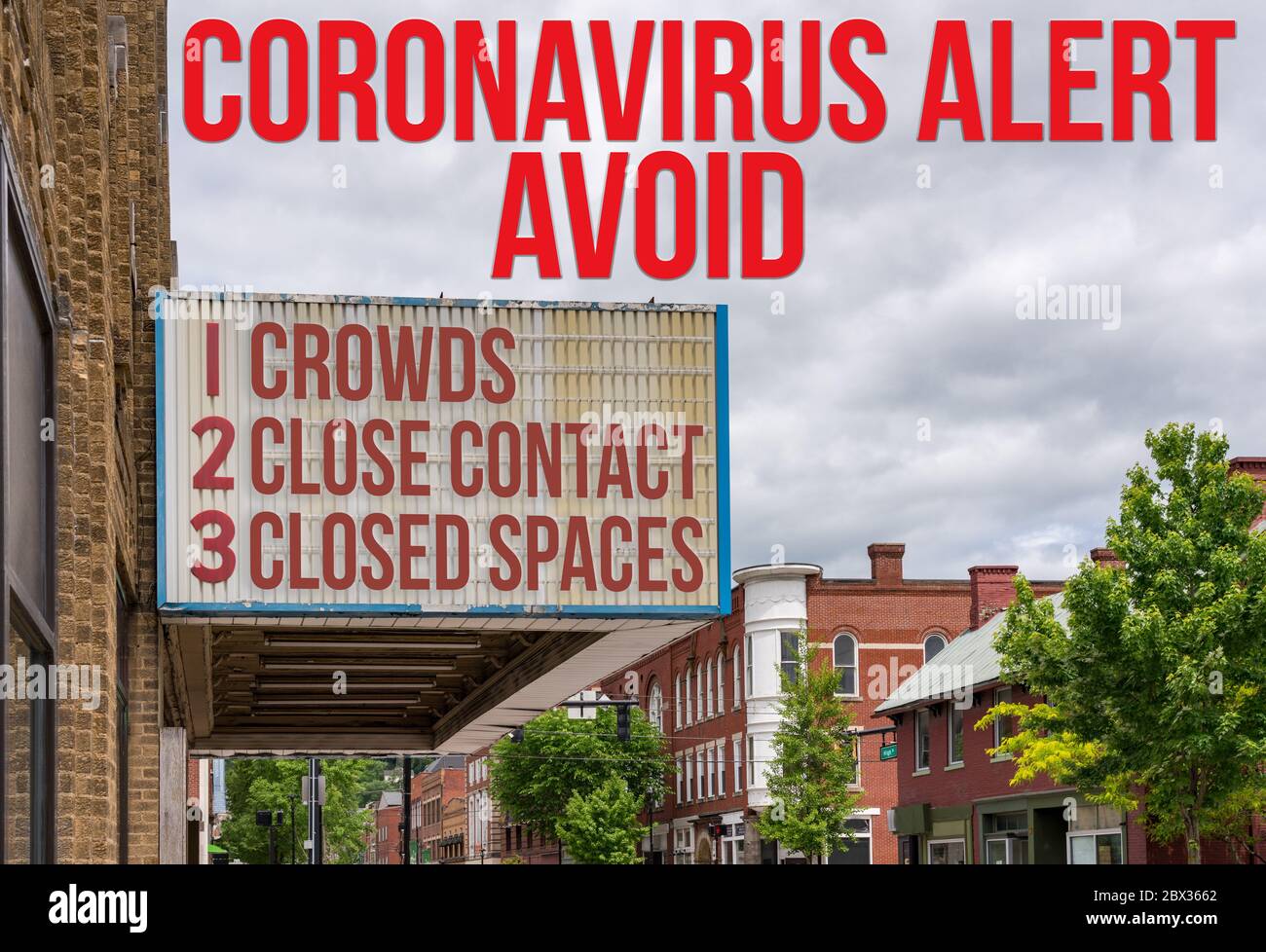 Mockup di film cinema cartellone con tre regole C per evitare il coronavirus o Covid-19 di evitare la folla, stretto contatto e spazi chiusi Foto Stock