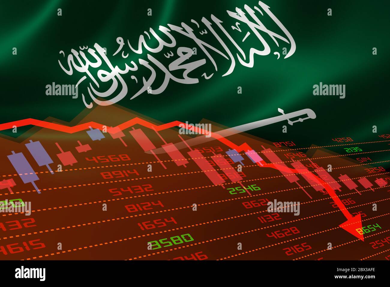 Crisi economica in Arabia Saudita con il mercato azionario che mostra la tabella delle azioni in basso e in territorio rosso negativo. Mercato monetario finanziario e commerciale Foto Stock