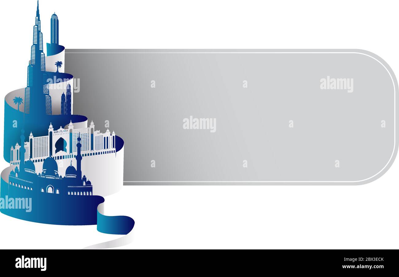 Gli Emirati Arabi Uniti Dubai, la città o lo skyline di Dubai, Abu Dhabi Landmarks profilo dettagliato. Illustrazione vettoriale isolata in bianco. Perfetto per t Illustrazione Vettoriale
