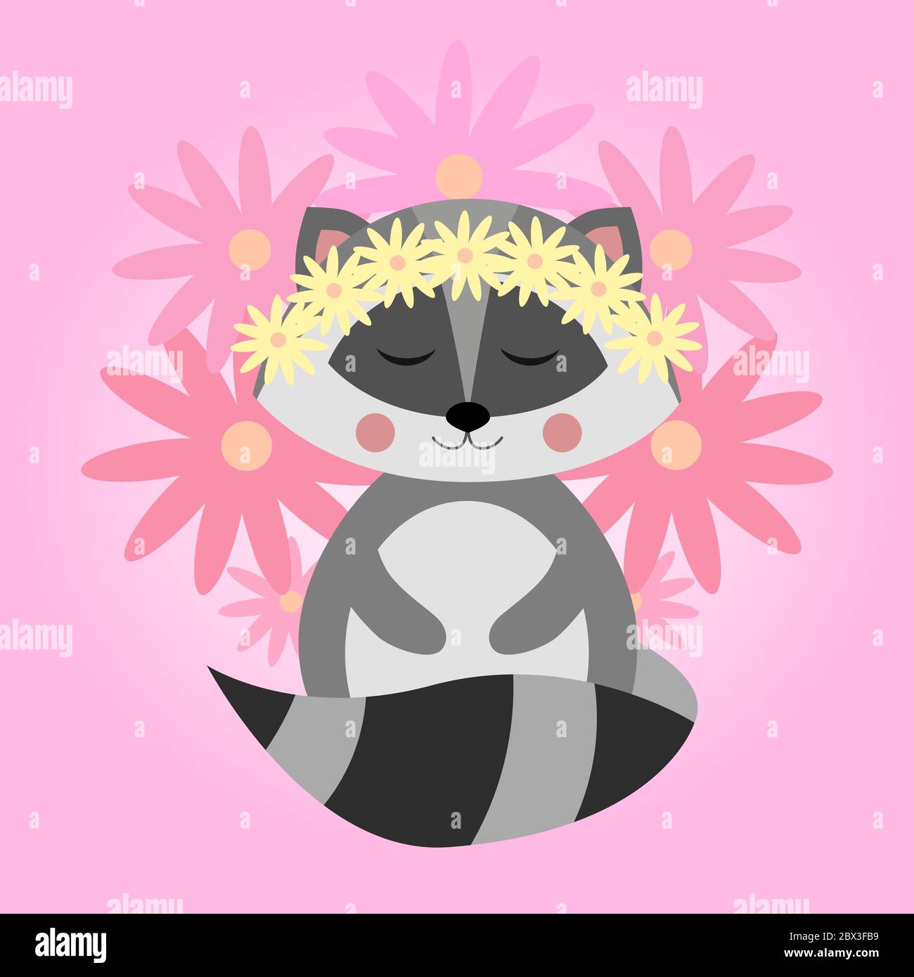 Simpatico raccoon con fiori. Procione nordamericano, mammifero nativo. Disegno animale di cartone animato. Immagine vettoriale piatta isolata su sfondo rosa. Illustrazione Vettoriale