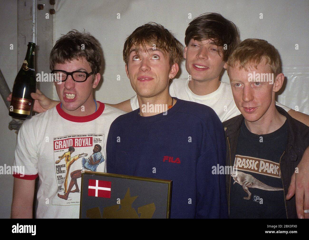 Blur riceve un premio danese a Sanremo circa 1997: Sinistra Graham Coxon, Damon Albarn, Alex James, Dave Rowntree Foto Stock