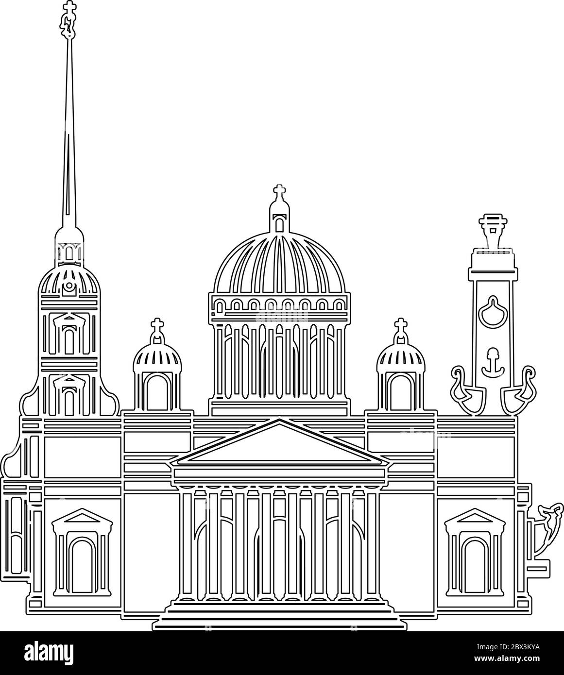 San Pietroburgo contorno nero contorno paesaggio urbano. Vettore impostato per i dati infografici di viaggio. Perfetto per la stampa su magliette, tazze, cappucci, loghi, masco Illustrazione Vettoriale