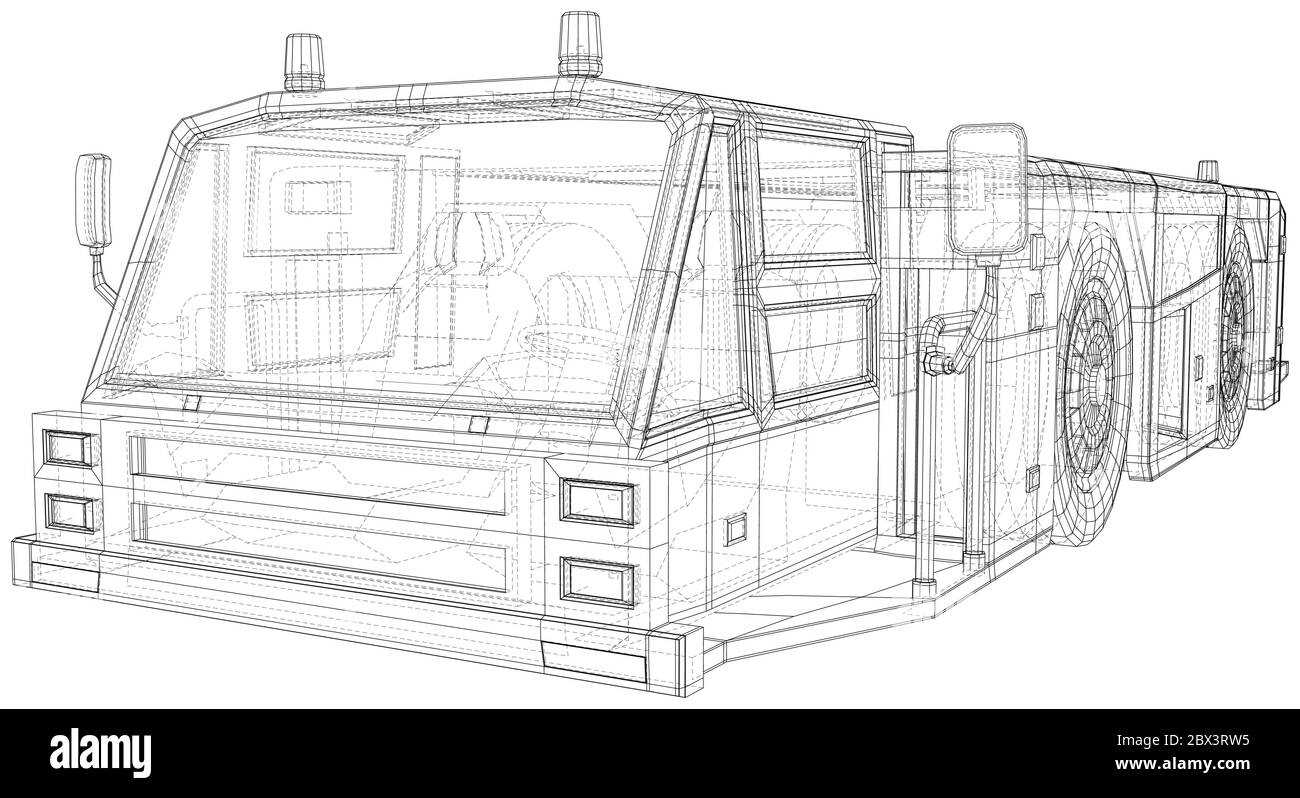 Trasporto di autocarri di traino in aeroporto isolato. Rendering 3D. Telaio a filo. I livelli delle linee visibili e invisibili sono separati. Formato EPS10. Illustrazione Vettoriale