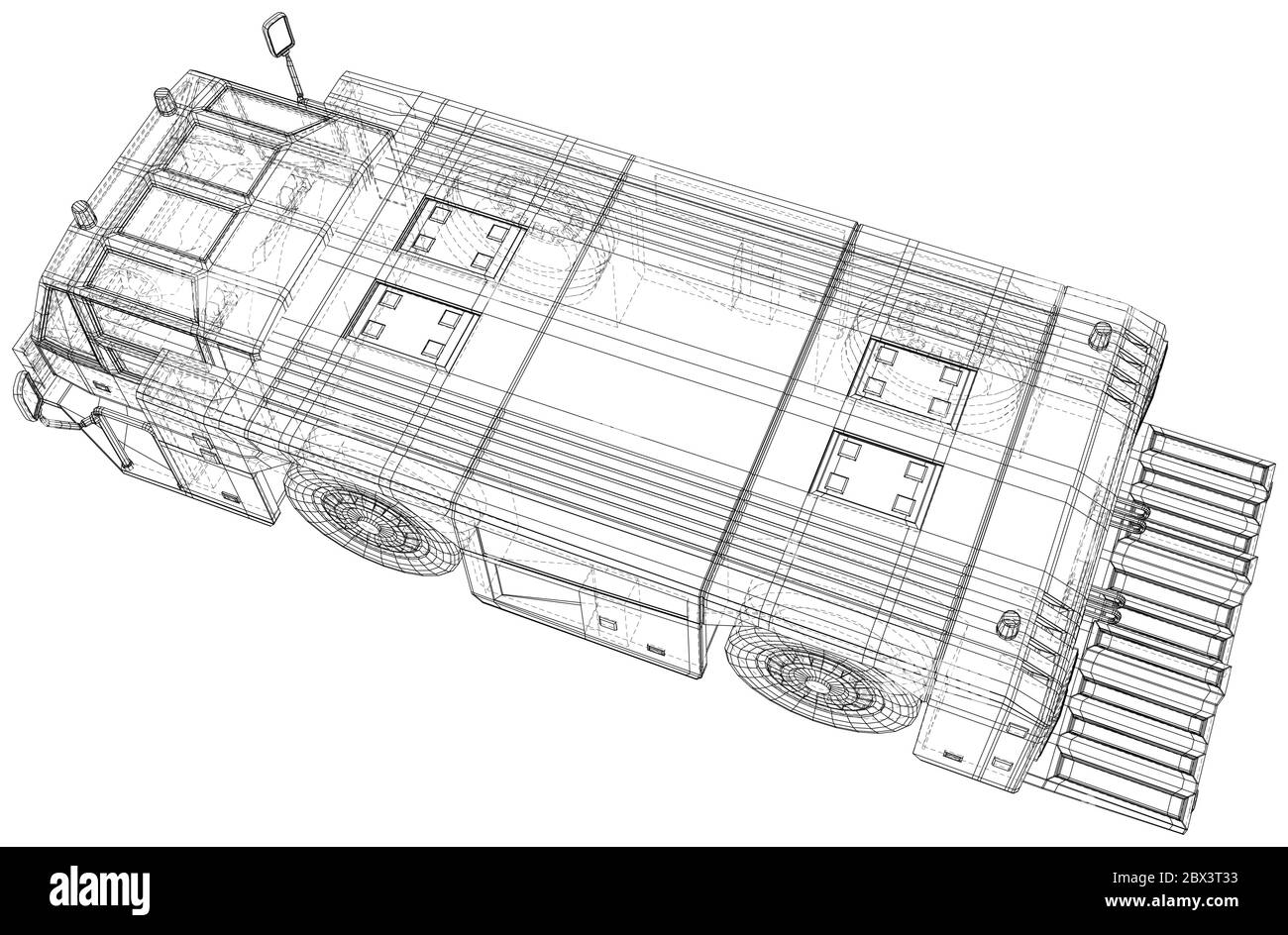 Trasporto di autocarri di traino in aeroporto isolato. Rendering 3D. Telaio a filo. I livelli delle linee visibili e invisibili sono separati. Formato EPS10. Illustrazione Vettoriale