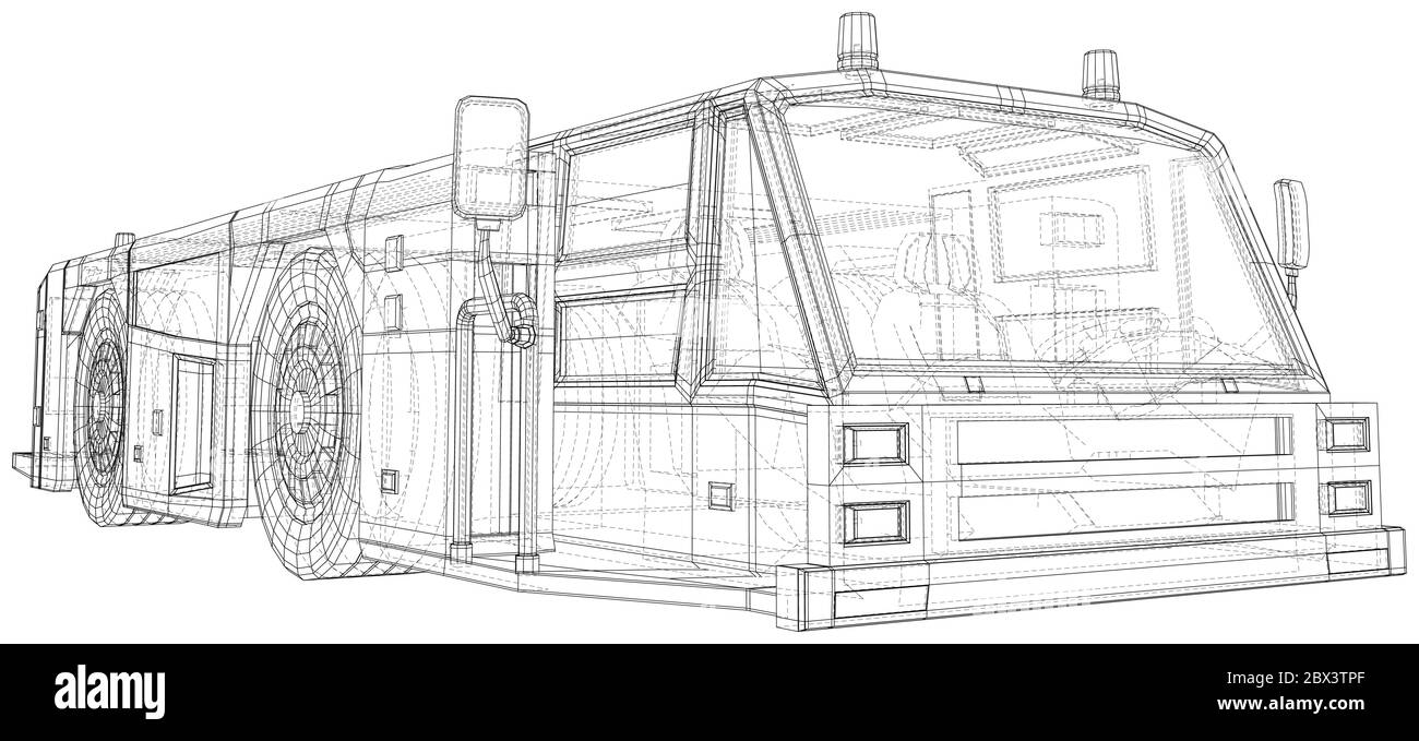 Telaio a filo vettoriale trasporto di autocarri da traino in aeroporto. I livelli delle linee visibili e invisibili sono separati. Formato EPS10. Vettore creato di 3d. Illustrazione Vettoriale