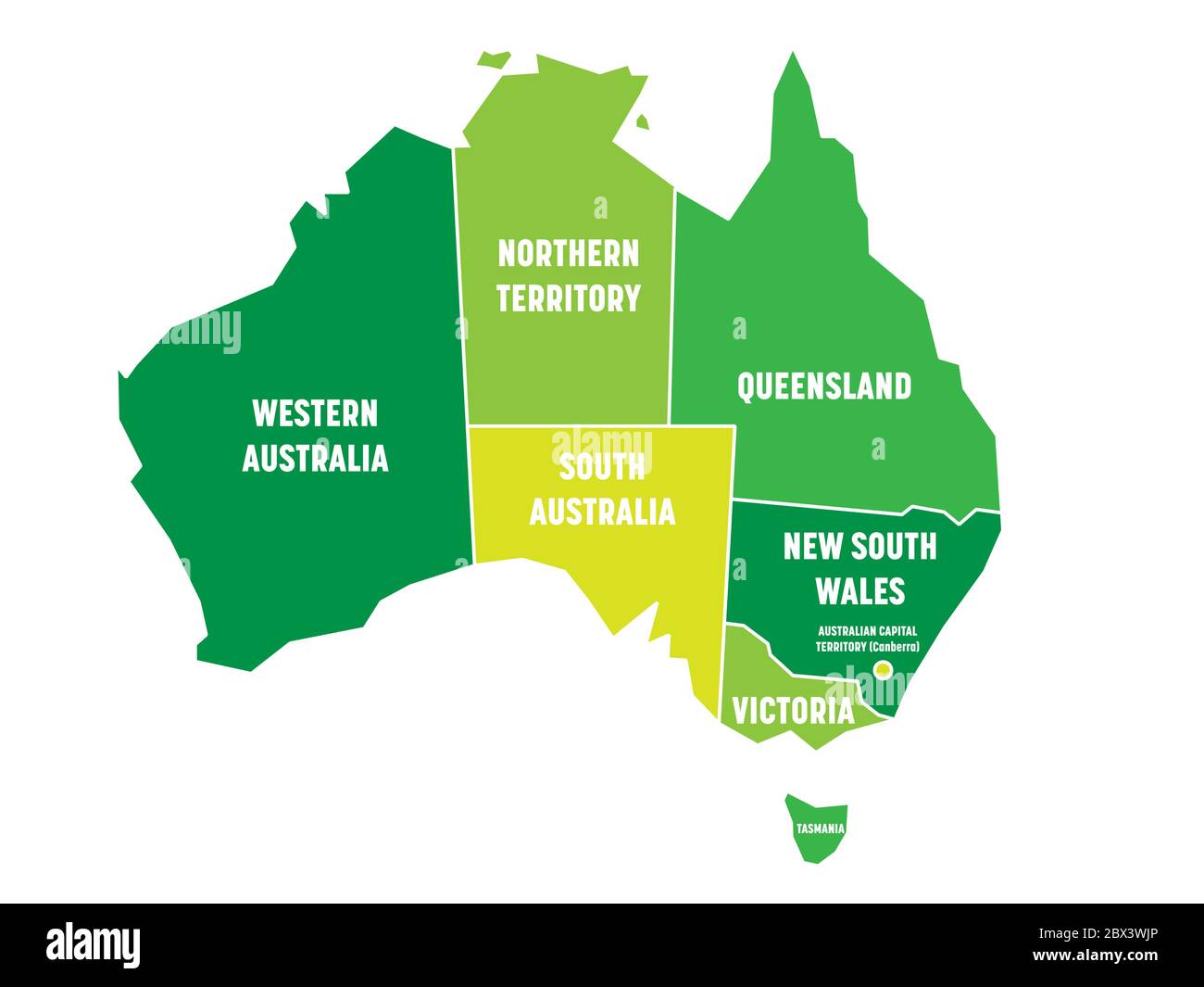 Mappa semplificata dell'Australia divisa in stati e territori. Mappa verde piatta con bordi bianchi ed etichette bianche. Illustrazione vettoriale. Illustrazione Vettoriale