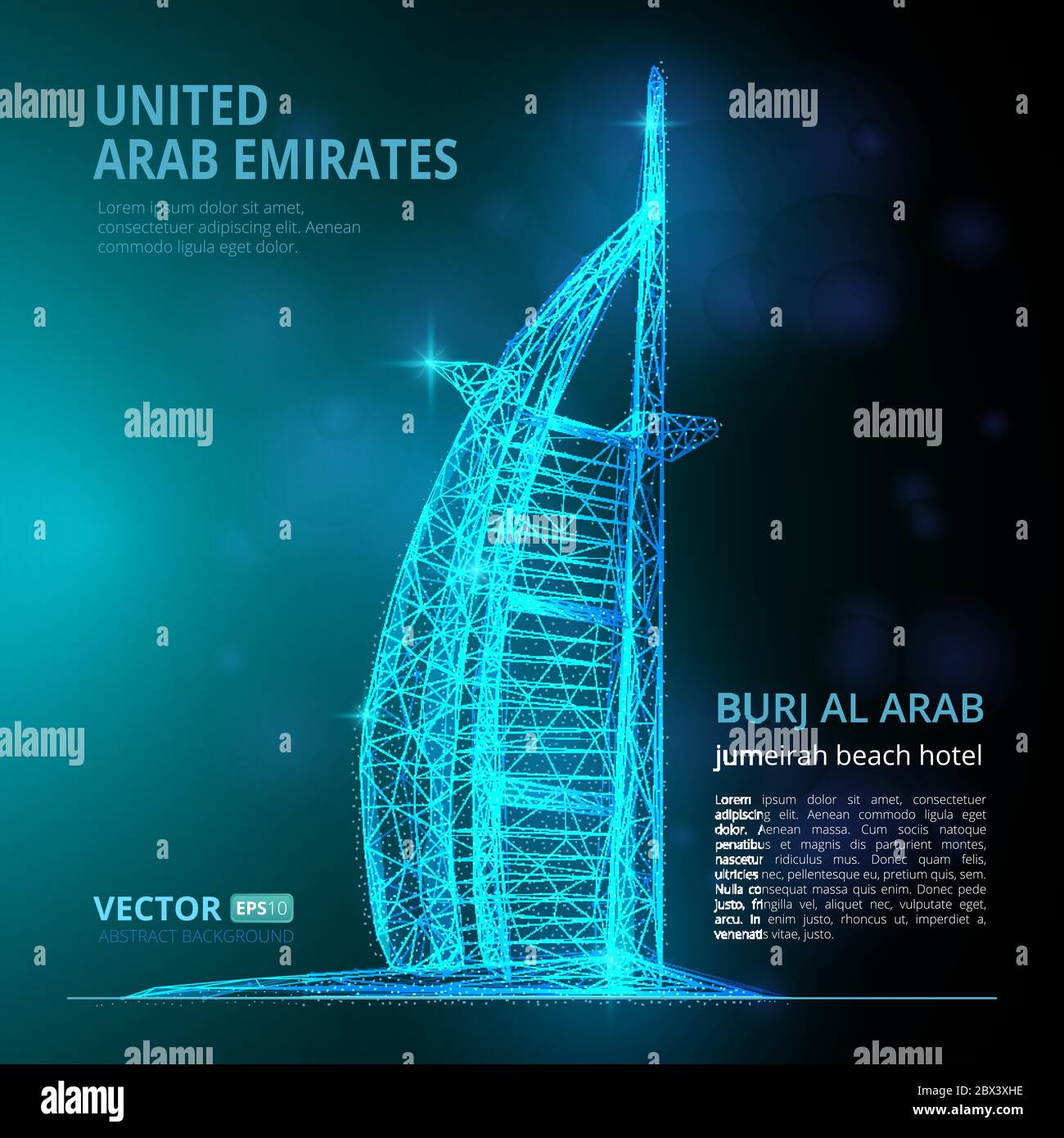 Illustrazione del grattacielo dell'hotel Burj al Arab. Simbolo degli Emirati Arabi Uniti di Dubai, costituito da poligoni, punti e linee su sfondo scuro. PE Illustrazione Vettoriale