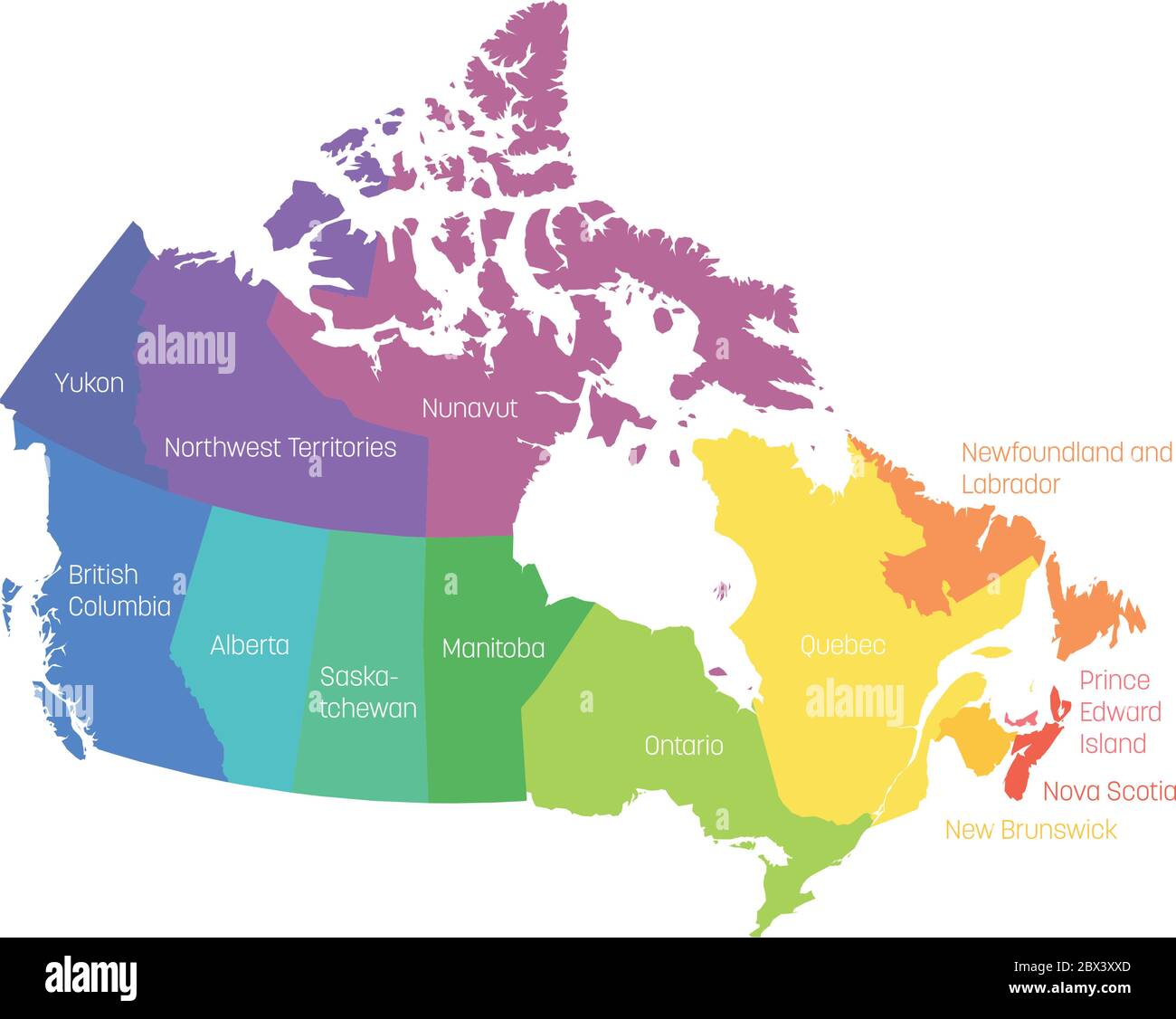 Mappa del Canada divisa in 10 province e 3 territori. Regioni amministrative del Canada. Mappa multicolore con etichette. Illustrazione vettoriale. Illustrazione Vettoriale