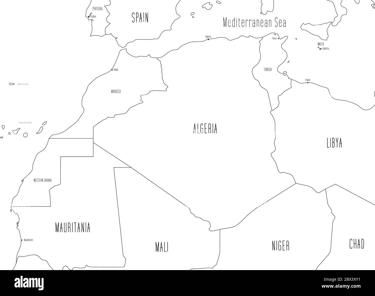 Mappa dell'Africa nord-occidentale. Stile doodle disegnato a mano. Illustrazione vettoriale. Illustrazione Vettoriale