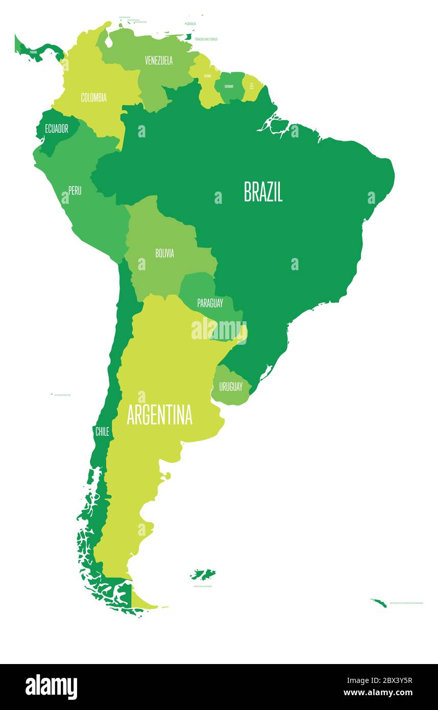 Mappa politica del Sud America. Semplice mappa vettoriale piatta con etichette dei nomi dei paesi in quattro tonalità di verde. Illustrazione Vettoriale