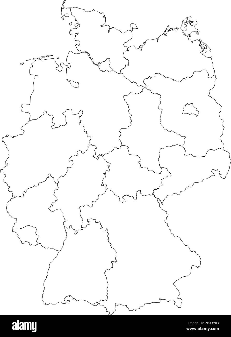 La mappa della Germania si è deviata a 13 stati federali e a 3 città-stati - Berlino, Brema e Amburgo, Europa. Semplice mappa vettoriale bianca piatta con contorni neri. Illustrazione Vettoriale
