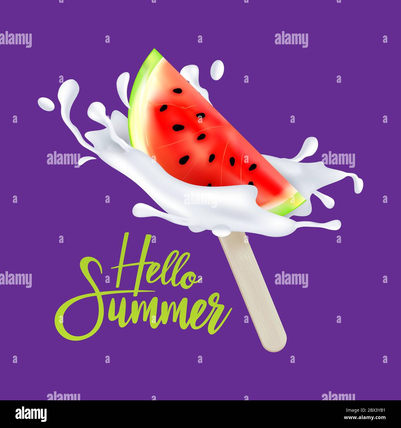 Fetta di gelato alla frutta al cocomero su un bastone con gocce di latte o yogurt. Illustrazione vettoriale. Può essere utilizzato per la stampa T-Shirt, web, poster, bann Illustrazione Vettoriale