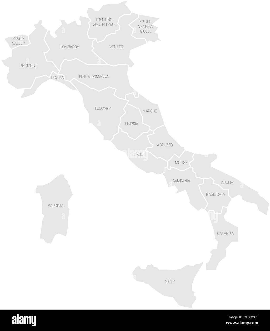 Mappa dell'Italia divisa in 20 regioni amministrative. Terra grigia, bordi bianchi ed etichette nere. Semplice illustrazione vettoriale piatta. Illustrazione Vettoriale