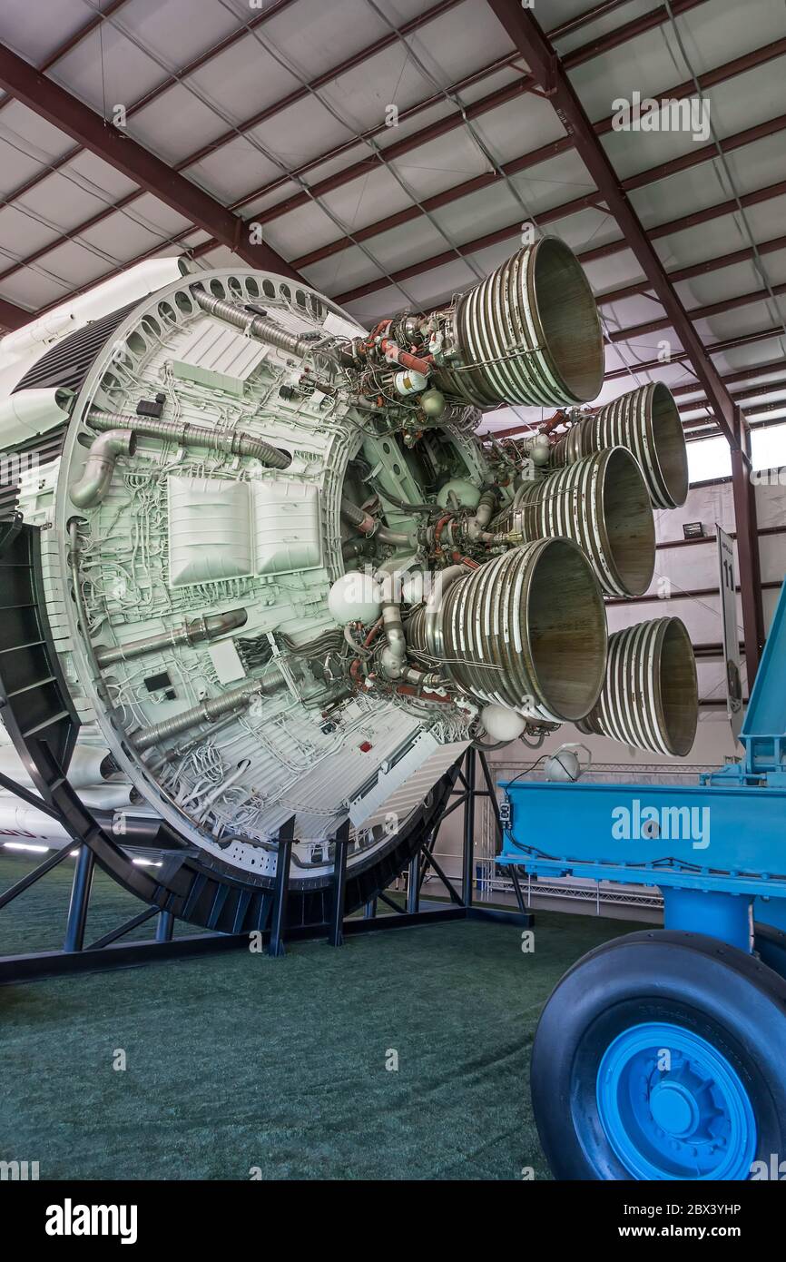 Saturn V gruppo motore a razzo primo stadio NASA Space Center, Houston, Texas, USA Foto Stock