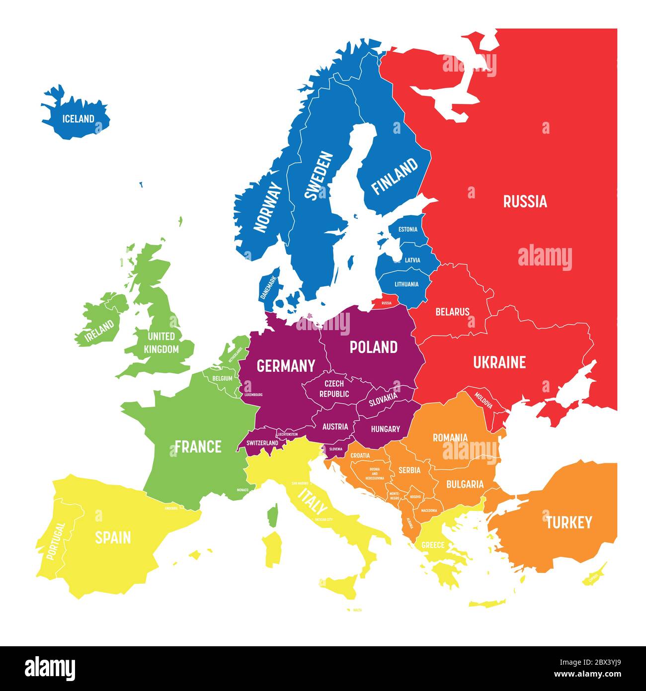 Sei regioni geografiche dell'Europa: Sud, sud-est, ovest, centrale, orientale e settentrionale. Mappa vettoriale politica piatta con etichette. Illustrazione Vettoriale