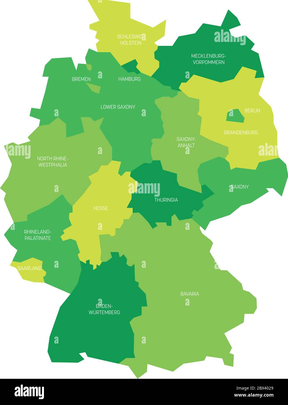 La mappa della Germania si è deviata a 13 stati federali e a 3 città-stati - Berlino, Brema e Amburgo, Europa. Semplice mappa vettoriale piatta in tonalità di verde. Illustrazione Vettoriale
