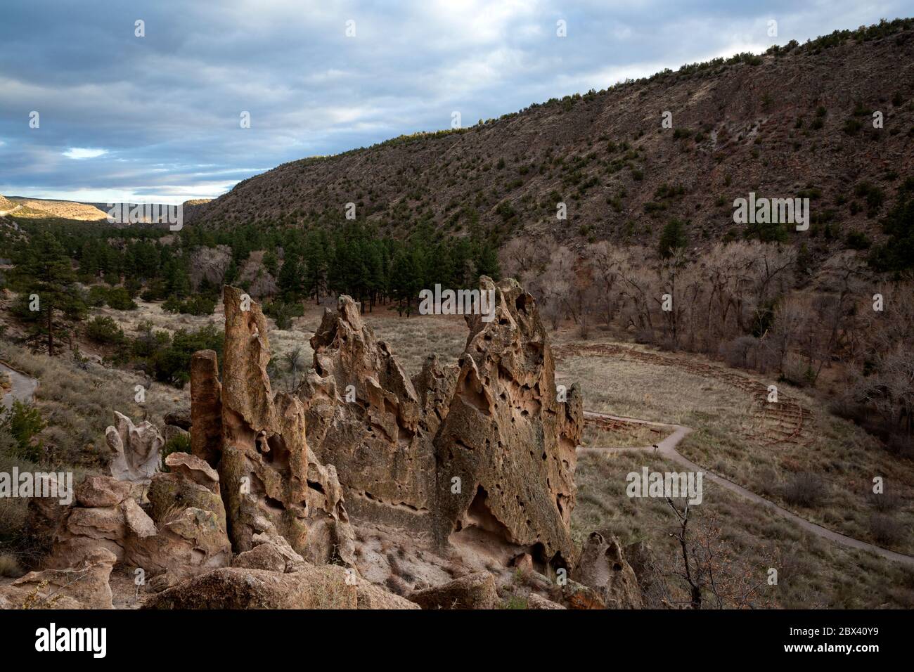 NM00514-00...NUOVO MESSICO - rocce da tenda erose e intemperie che si affacciano sul Pueblo di Tyuonyi sul Canyon di Frijoles nel Monumento Nazionale di Bandelier. Foto Stock