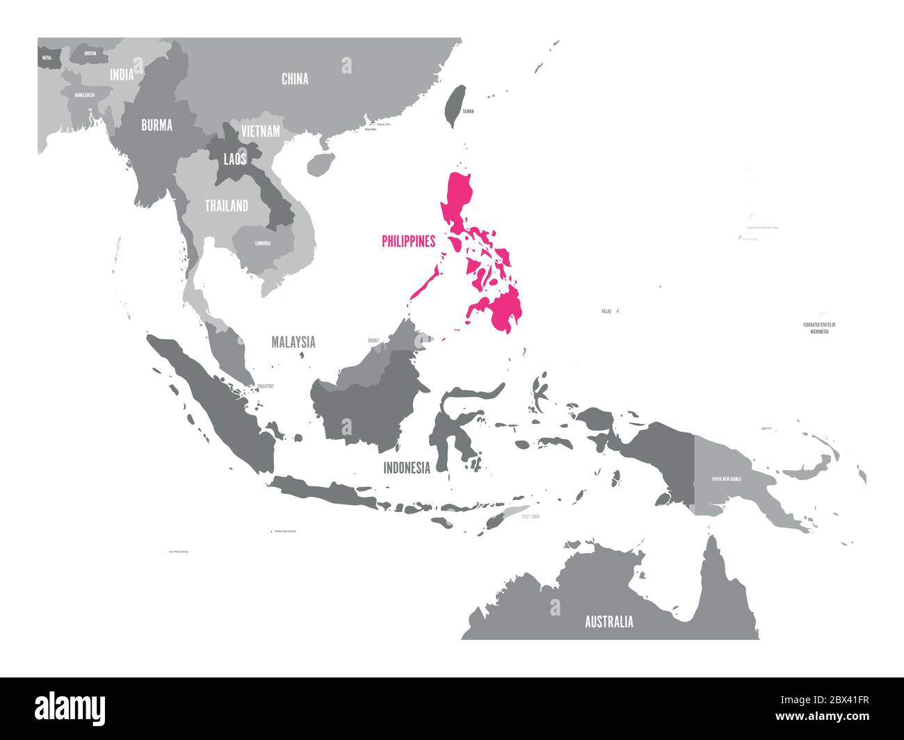 Mappa vettoriale delle Filippine. Rosa evidenziato nella regione del Sud-est asiatico. Illustrazione Vettoriale