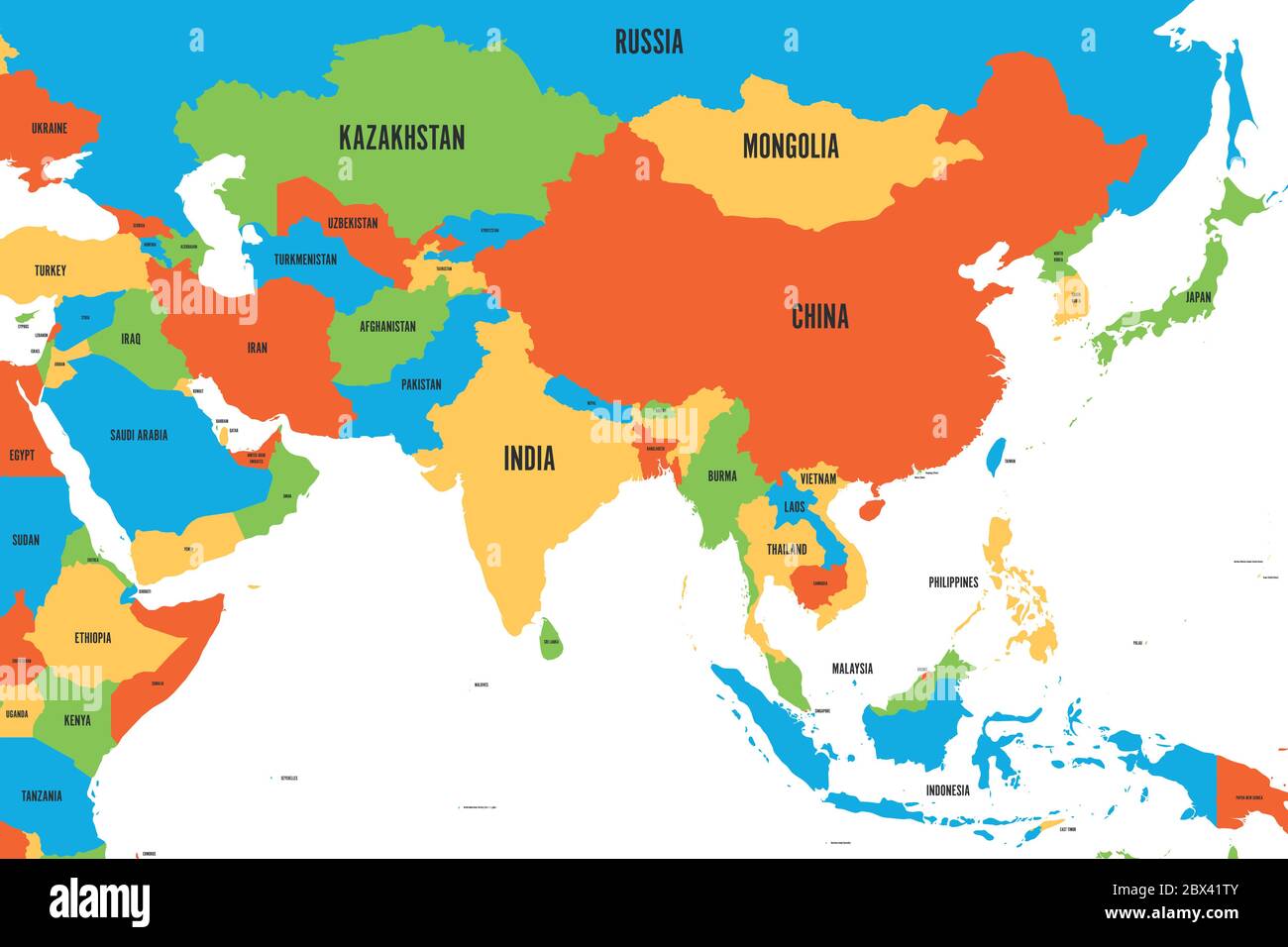 Mappa politica colorata dell'Asia occidentale, meridionale e orientale.  Semplice illustrazione vettoriale piatta Immagine e Vettoriale - Alamy