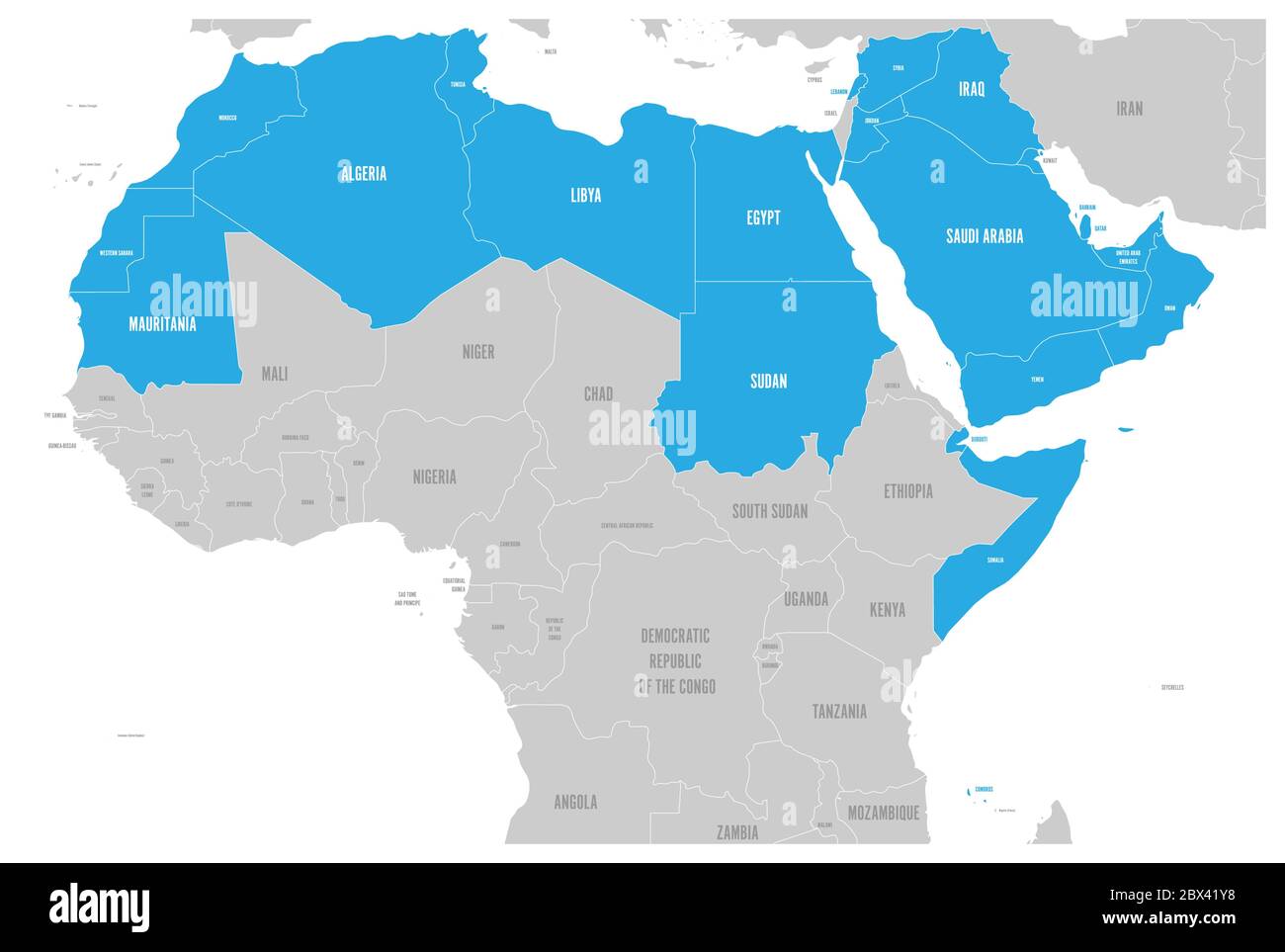 Mappa politica degli stati del mondo arabo con 22 paesi di lingua araba illuminati. Africa settentrionale e Medio Oriente. Illustrazione vettoriale. Illustrazione Vettoriale